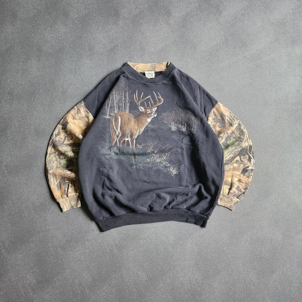 Vintage 90's Artisan's Glen Flora Deer Nature Camouflage Sleeves Sweater Large